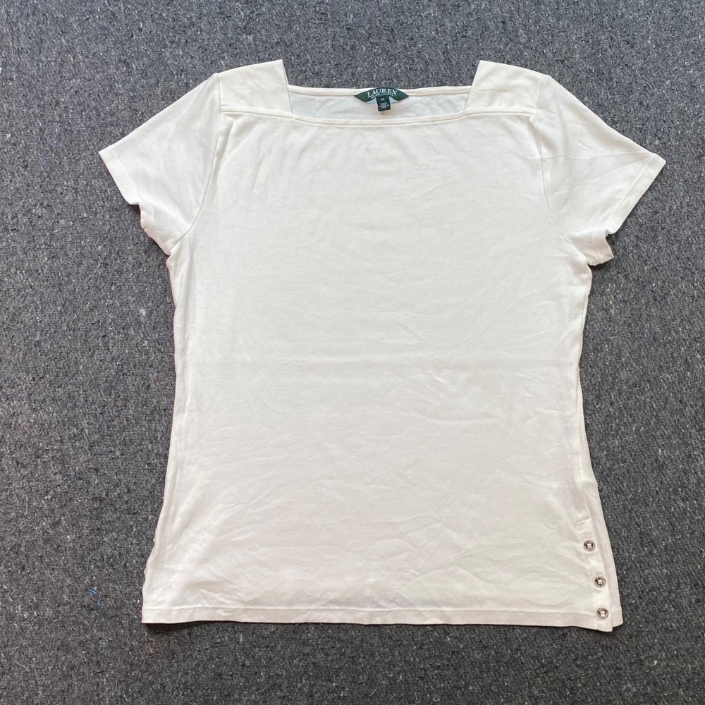 Ralph Lauren Top Sz XL Womens White Preppy Square Neck Side Button TShirt